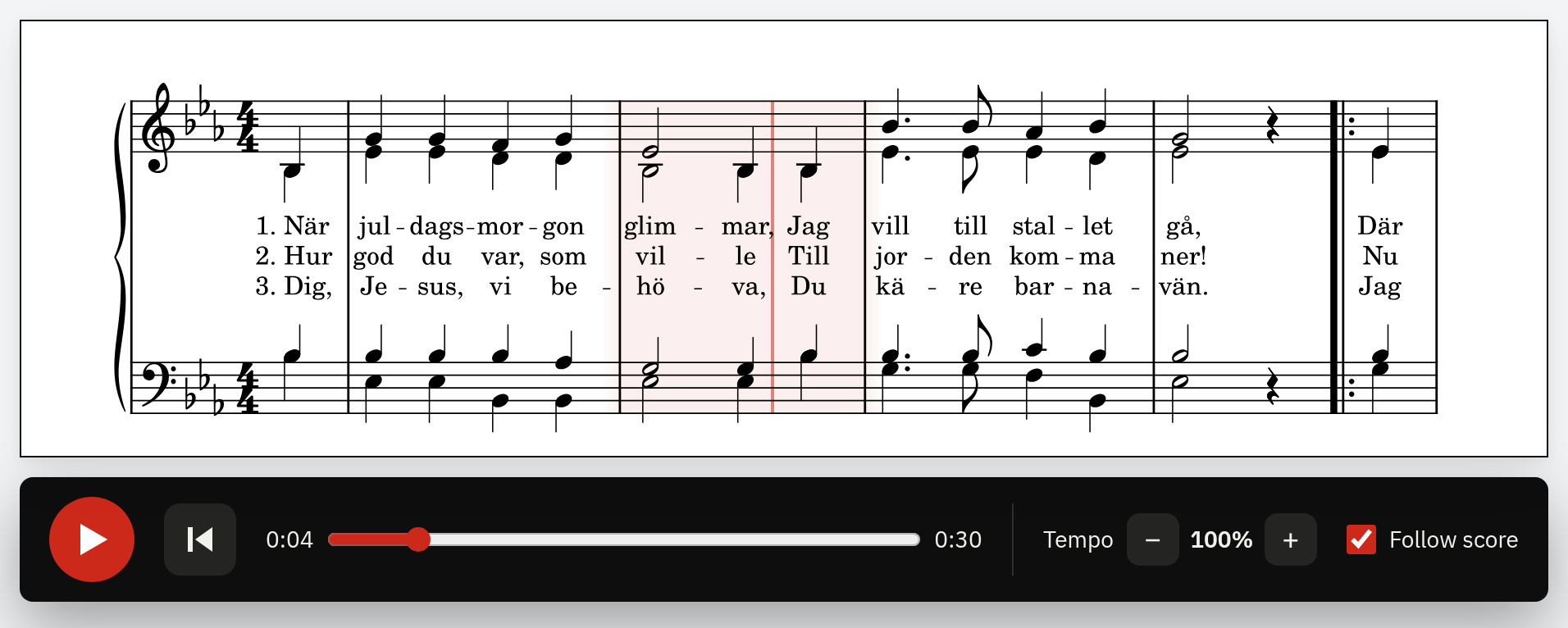 Segno player showing a bar marker, note cursor and playback controls on När juldagsmorgon glimmar